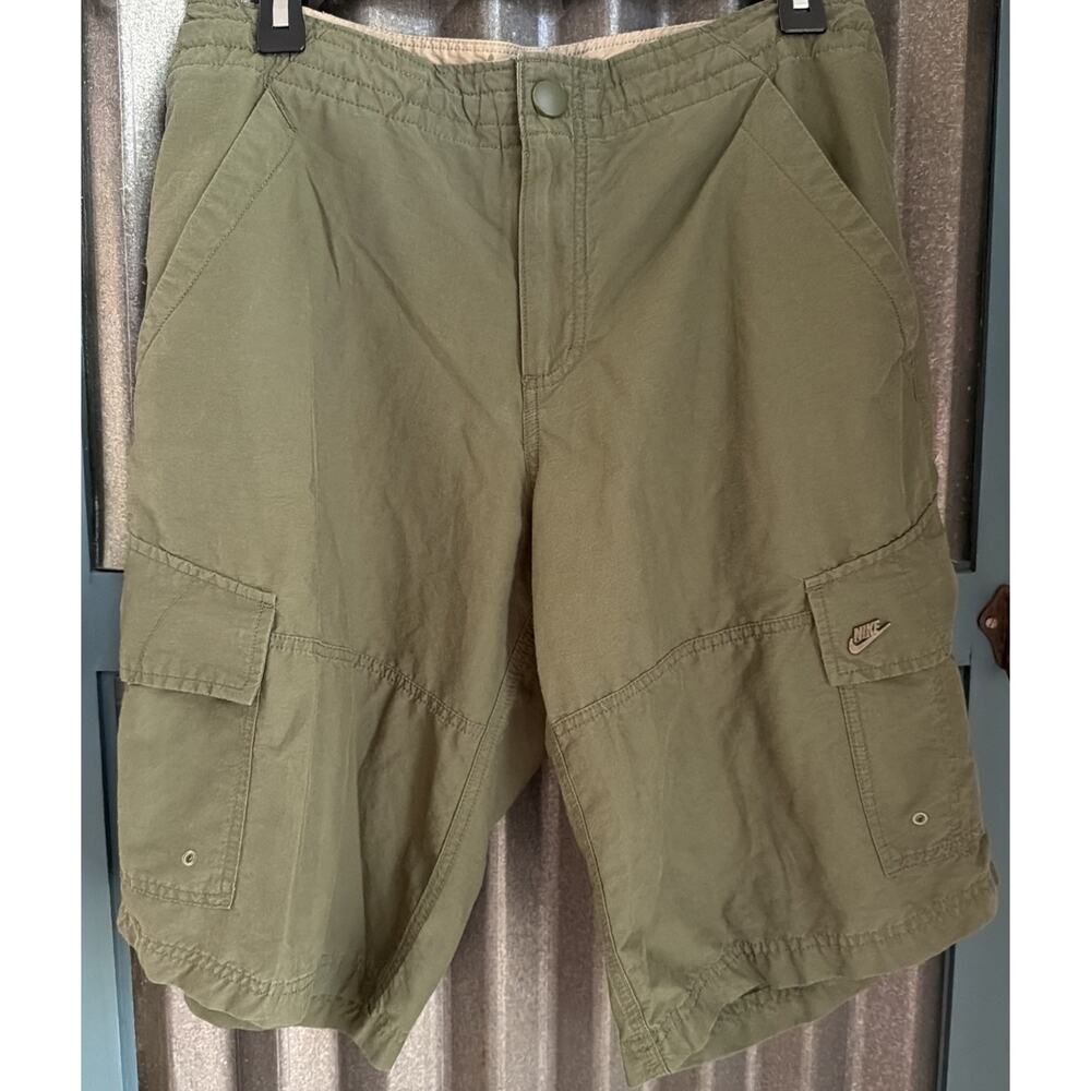 Nike Men’s Woven Cargo Shorts Size Medium Button Fly Drawstring Green 12” Inseam